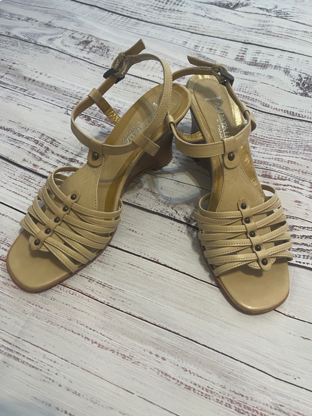 Aquatalia Beige Strappy Wedge Sandals - Classic Neutral Style